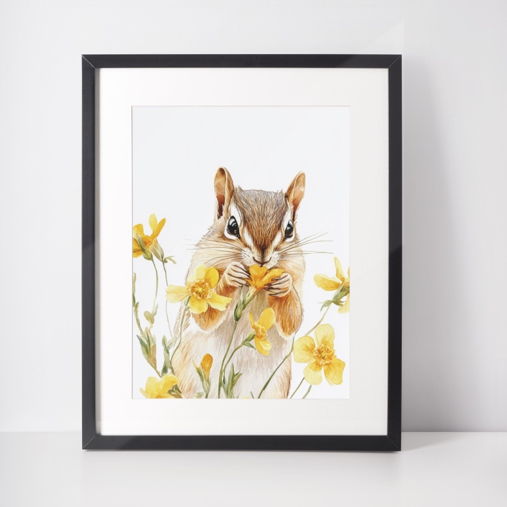 Watercolor Floral Chipmunk Portrait Wall Art Illustration Print Poster Unframed - Picture 3 of 9